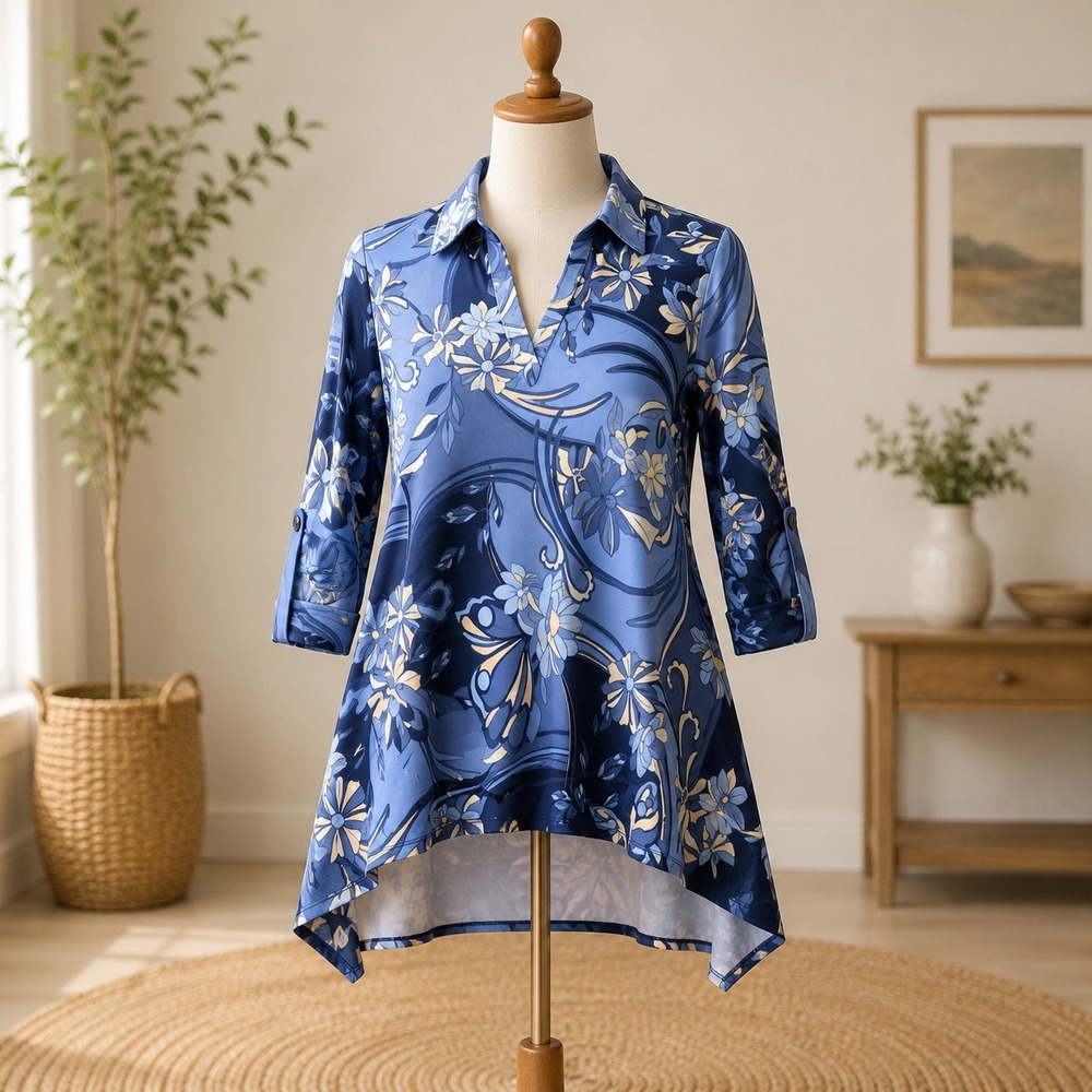 NWT Attitudes by Renee Tunic Top Womens MP Blue Floral Butterfly Long Sleeve